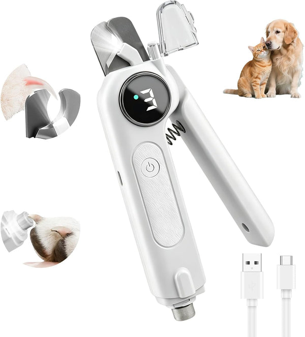 2-In-1 Dog Nail Clippers & Grinder with LED Light, Quiet Electric Pet Nail Trimmer for Small Medium Large Dogs & Cats, 3 Speeds, USB Rechargeable, Quick Sensor, Safety Lock & Splash Guard (White)1
