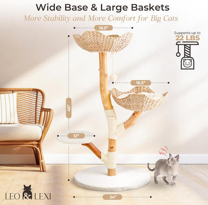 LEO & LEXI Aesthetic, Real Wood Modern Cat Tree. 46 Inches Tall, Sturdy, Solid Natural Wood Tower for Large Cats. Scratching Post with Wicker Basket Bed, Luxury, Boho Furniture for Indoor Cats4
