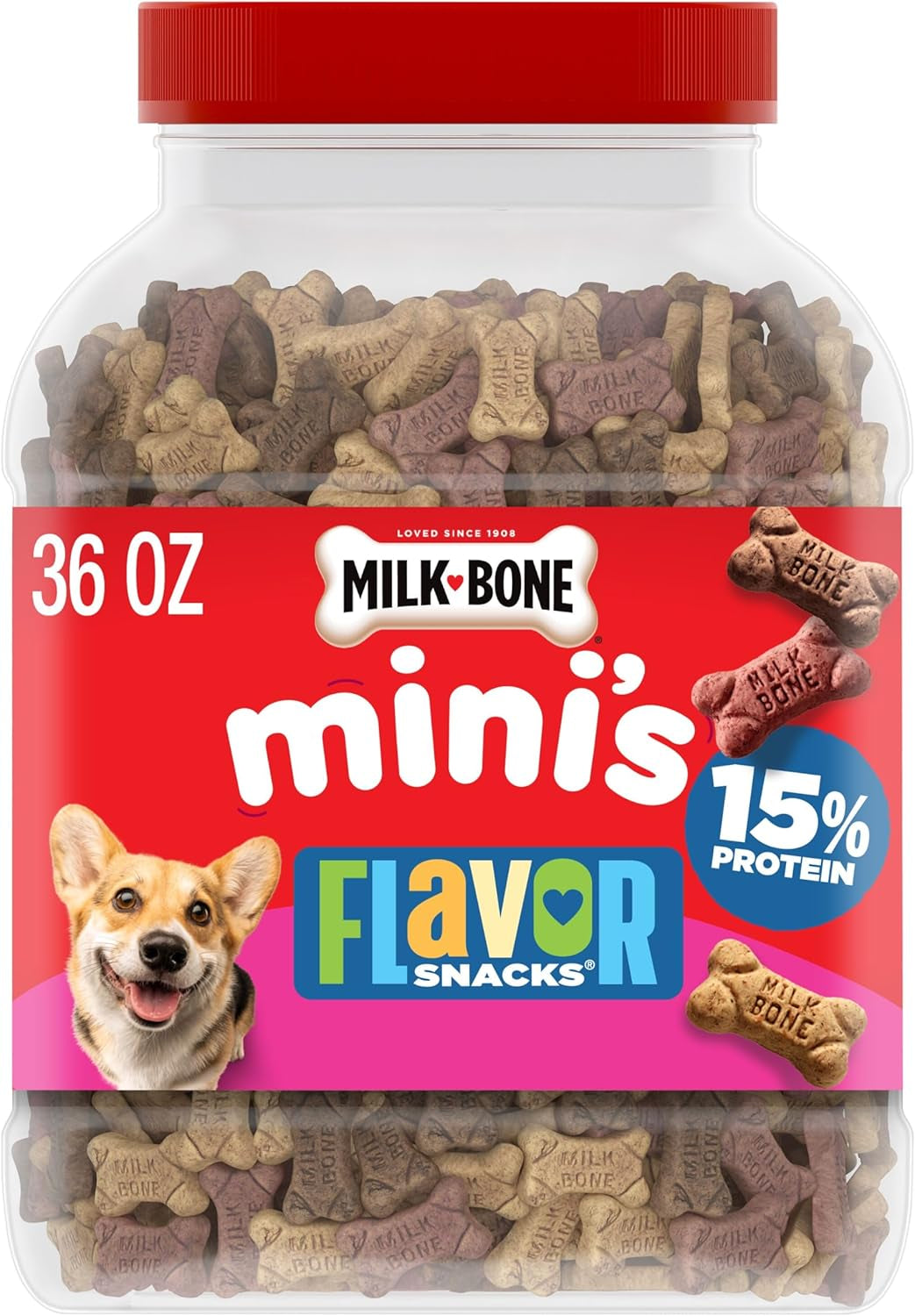 milk-bone-flavor-snacks-mini-s-dog-biscuits-flavored-crunchy-dog-treats-36-oz-canister-5-calories-per-treat-15-protein-3-flavors-per-canister-beef-chicken-bacon-naturally-artificially-flavored