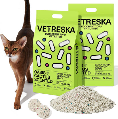 VETRESKA Tofu Cat Litter, Odor Control, Greentea 5.5Lb×2Bags | Natural Kitty Litter Strong Clumping Flushable Cat Litter Pellet Ultra Absorbent,Dust-Free,Low Tracking Deodorant Tofu Litter10