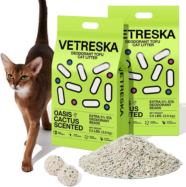 VETRESKA Tofu Cat Litter, Odor Control, Greentea 5.5Lb×2Bags | Natural Kitty Litter Strong Clumping Flushable Cat Litter Pellet Ultra Absorbent,Dust-Free,Low Tracking Deodorant Tofu Litter10