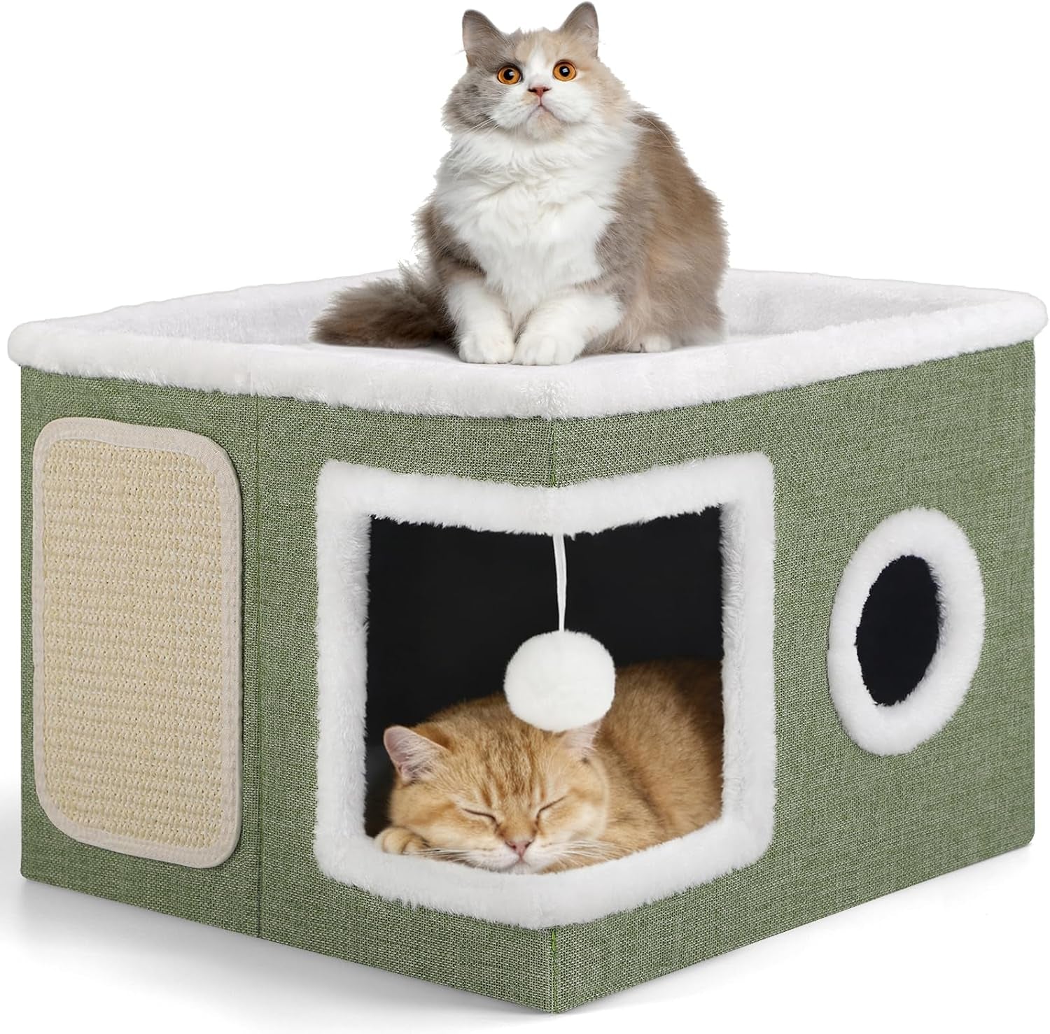 shikha-cat-house-bed-for-indoor-cats-with-fluffy-ball-and-scratch-pad-grey-foldable-large-cat-cave-hideaway-with-cozy-condo-hide-and-seek-window-holds-up-to-30lbs-all-season-reversible-cushion