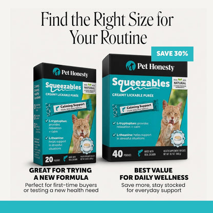 Pet Honesty Cat Lickable Treats with L-Theanine & Chamomile - Squeezable Puree Pouches for Cats - Behavior Support for Travel, Vet Visits, Grooming, & Separation (Salmon, 20 Ct)6