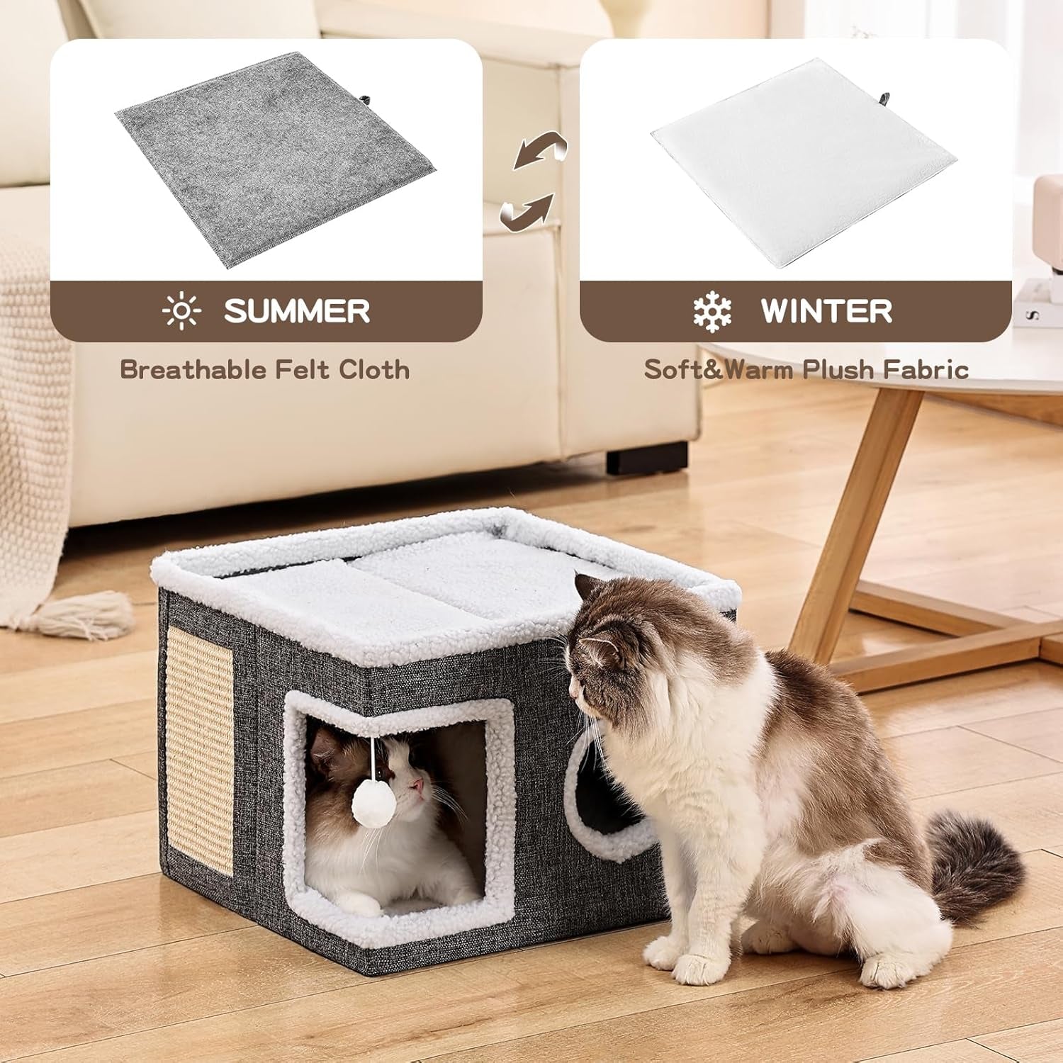 large-cat-houses-for-indoor-cats-with-fluffy-ball-and-scratch-pad-foldable-cat-bed-cave-for-multiple-pets-kitten-bed-for-all-seasons-non-slip-hold-up-to-30lbs-16x16x13inch-grey