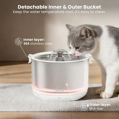 Cat Water Fountain Pumpless Stainless Steel Buckets & Bowl Wireless Pet Water Fountain 2.5L Water Fountains for Cats Indoor Dispenser Easy to Clean BPA -Free White9