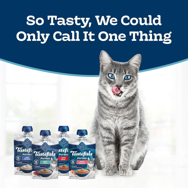 Blue Buffalo Tastefuls Purees Variety Pack Cat Food Topper, 3 Oz, 12 Ct | Chicken, Tuna & Beef, Just 5 Ingredients, Resealable Twist-Cap Pouches2