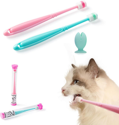 E.M&S.T by Emmeliestella Small Dog & Cat Toothbrush 360 Degree Soft Silicone, Cat Dental Care, Toothbrush Holder, Easy to Handle, Independent Packaging, Suction Cup, Light Blue&Pink (2-Pack + Holder)1