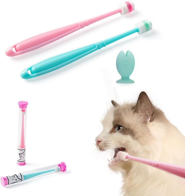E.M&S.T by Emmeliestella Small Dog & Cat Toothbrush 360 Degree Soft Silicone, Cat Dental Care, Toothbrush Holder, Easy to Handle, Independent Packaging, Suction Cup, Light Blue&Pink (2-Pack + Holder)1