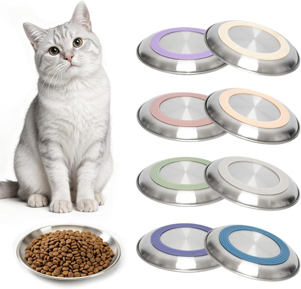 8 Pack Stainless Steel Cat Food Bowls, Cat Dishes Shallow Whisker-Friendly Metal Dishes with Non-Slip Silicone Bottom, Easy to Clean Indoor Feeding Bowls for Cats, Kittens & Small Dogs (6.7")1