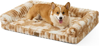 COZY KISS Ultra Soft Faux Rabbit Fur Dog Bed for Medium Dogs – 36"X27" Orthopedic Foam Couch, Removable Washable Cover & Waterproof Lining, Cream9