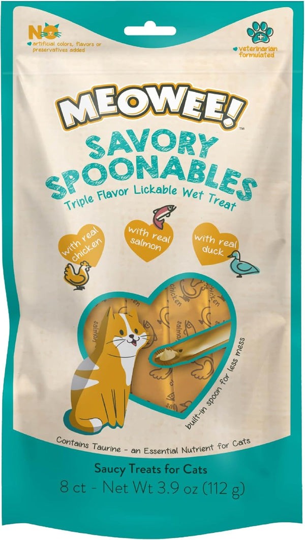 MEOWEE! Savory Spoonables Variety Pack, 12 Count Tube, Triple Flavor Squeezable Lickable Wet Treats for Cats with Built-In Spoon for Less Mess25
