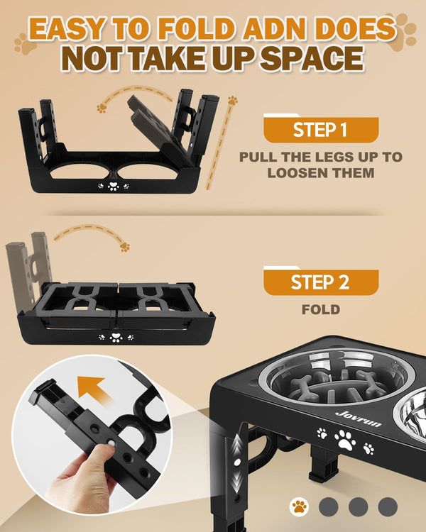 Jovrun Elevated Dog Bowls for Medium Large Size Dogs, Non-Slip Dog Feeder with 1*Stainless Steel Dishes & 1*Slow Feeder Bowl, 5 Heights Adjustable Raised Bowls to 3.15″-8.66″-9.84″-11.02″-12.2″6