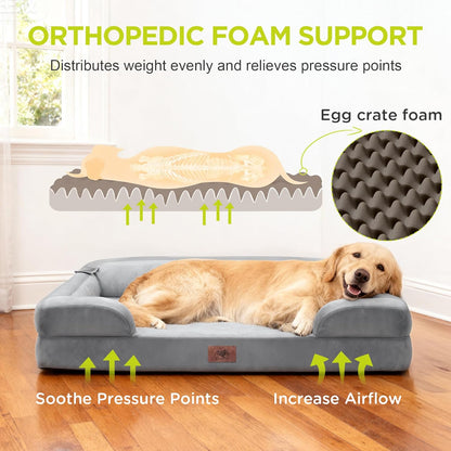 Waterproof Orthopedic Dog Bed for Extra Large Sized Dogs | Memory Foam Pet Bed Sofa with Bolster, Dog Couch with Washable Cover & Non-Slip Bottom, 42X30 Inch, Grey2