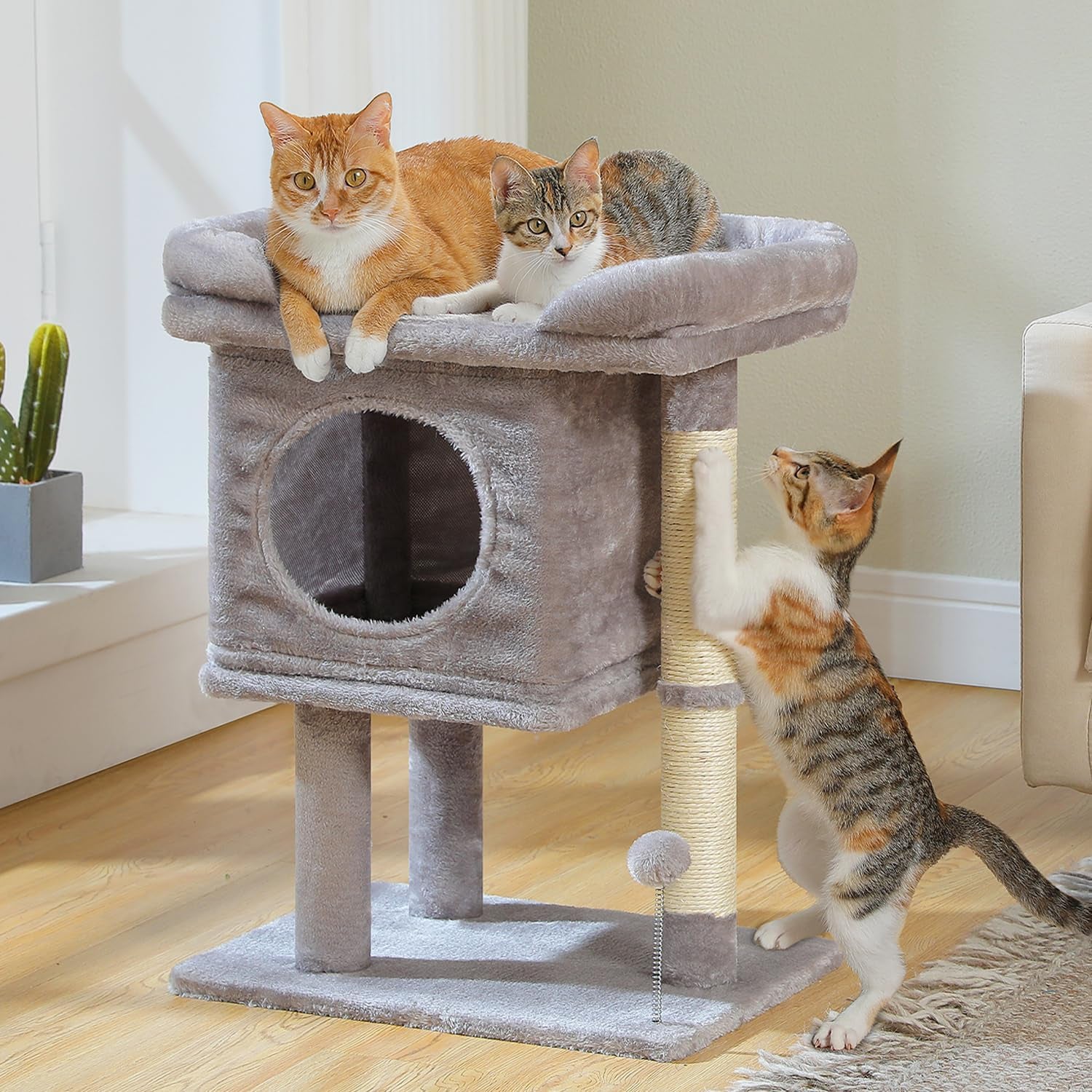 pawz-road-cat-scratching-post-with-bed-small-cat-tower-with-pad-ball-19-cat-stand-with-padded-removable-bed-full-sisal-scratching-post-scratcher-pad-dual-play-ball-for-kittens-indoor-cats