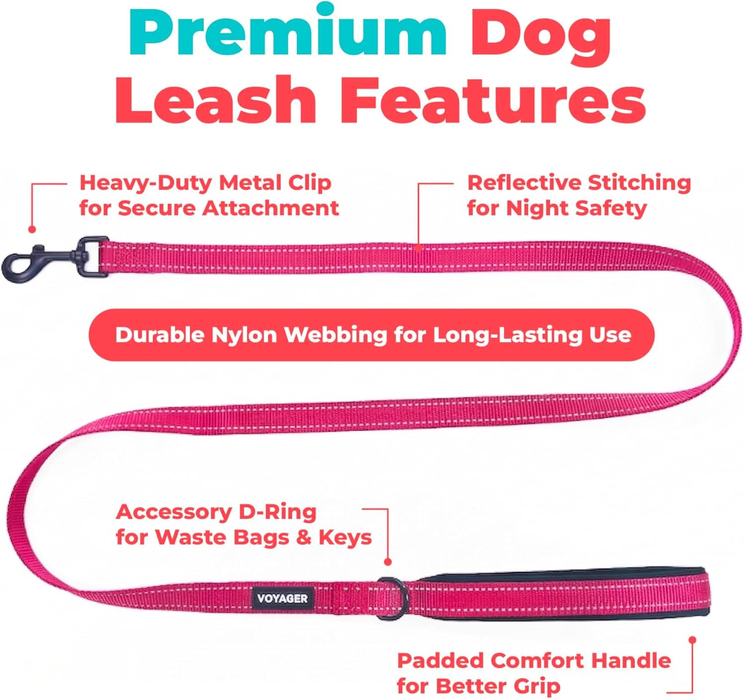 best-pet-supplies-voyager-nylon-dog-leash-fuchsia-small-5ft-in-length-5-8-in-width-reflective-soft-neoprene-handle-heavy-duty-metal-clips-for-running-walking-training