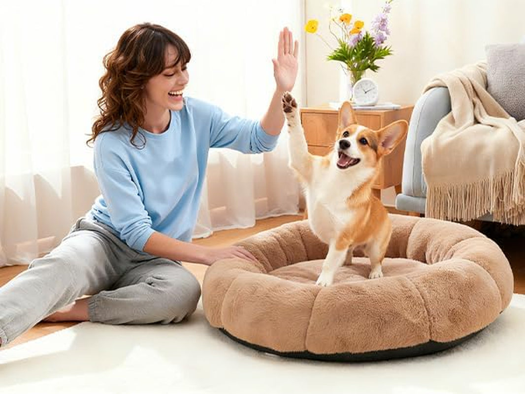 ohgeni-31-inches-calming-donut-orthopedic-dog-cat-bed-for-medium-pets-warming-comfort-fluffy-short-pile-fur-durable-waterproof-machine-washable-removable-cover-cute-round-bed-for-puppy-camel