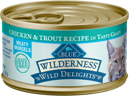 Blue Buffalo Wilderness Wild Delights High Protein Grain Free, Natural Adult Meaty Morsels Wet Cat Food, Chicken & Turkey, Chicken & Trout, Chicken & Salmon 3-Oz Cans (12 Count - 4 of Each Flavor)7