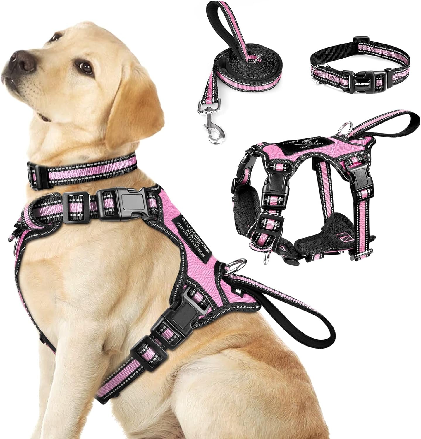 winsee-pet-harness-collar-and-leash-set-all-in-one-reflective-dog-harness-no-pull-with-adjustable-buckles-for-puppies-small-medium-large-and-extra-large-dogs-large-pink