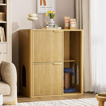 Cat Litter Box Enclosure Furniture, 2 Storey Hidden Litter Box Cabinet with Scratching Post & Storage Shelf, Fluted Modern Litter Box Enclosure for Living Room, Bedroom,Natural4