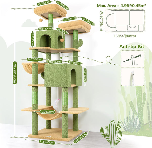 Globlazer Cactus Cat Tree Tower 76-Inch Extra Tall Multi-Level Cat Furniture with Cozy Condos,Interactive Toys and Perches for Large Cats, Perfect for Climbing, Scratching, and Play, F76, Green7
