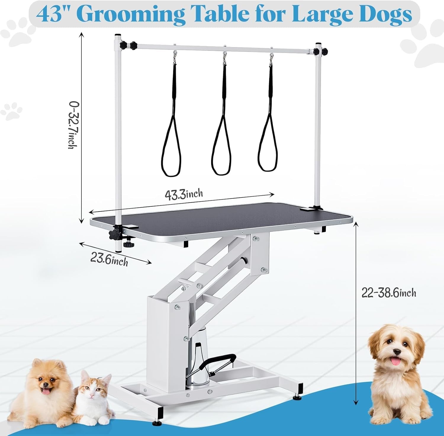 garveelife-43-3-hydraulic-dog-grooming-table-for-pet-heavy-duty-structural-hydraulic-max-load-350lbs-professional-pet-grooming-table-with-adjustable-overhead-arm-noose-height-range-22-39-white