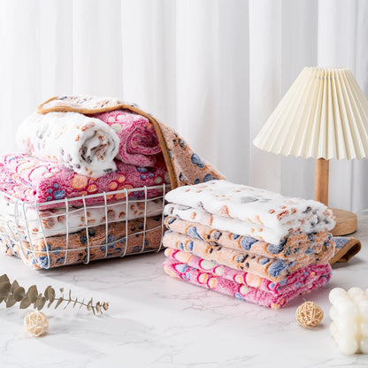 1 Pack 3 Blankets Super Soft Fluffy Premium Fleece Pet Blanket Flannel Paw Printed Throw for Dog Puppy Cat (Small 23X16'', Brown, Pink, White)17