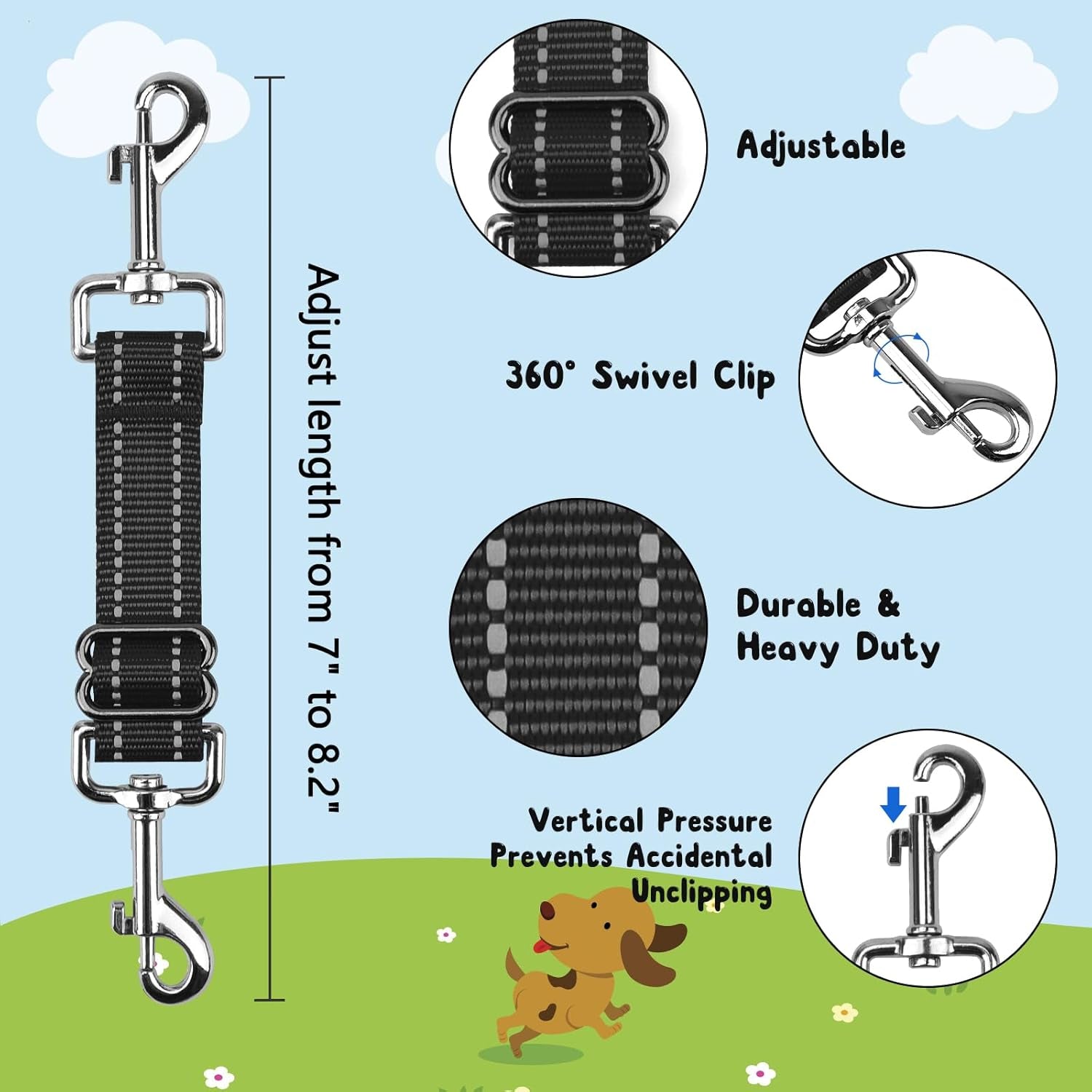 yuepet-dog-safety-collar-clips-2-pack-adjustable-prong-backup-clips-reflective-double-ended-backup-clasp-leash-connector-for-dog-harness-to-collar-safety-clipgrey-black-prong-collar-backup-double-ended-clips-harness-to-collar-connector-reflective-strap-7-8-2-in-adjustable-length-2-pack