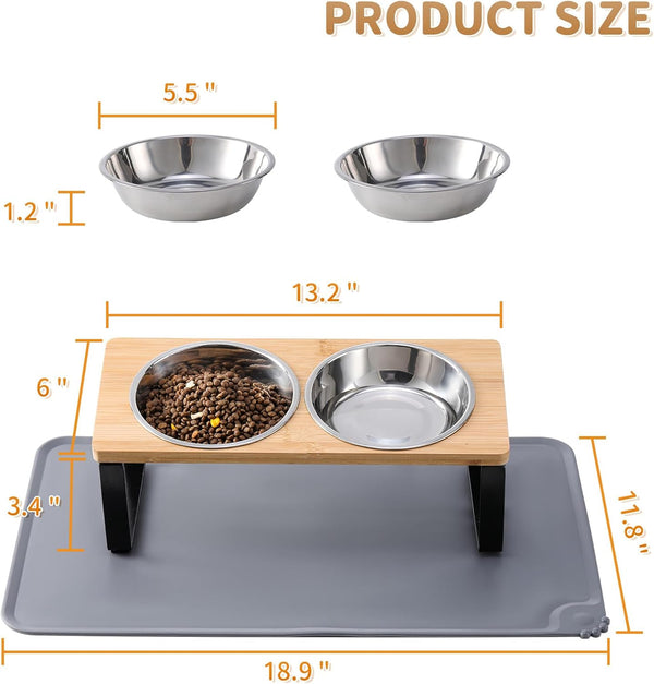 Upgraded Elevated Cat Bowls with Food Mat,15°Tilted Stand anti Vomiting Raised Cat Dishes for Food and Water,2 Stainless Steel Bowls for Cats and Puppy5