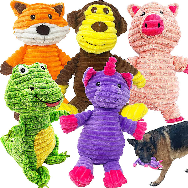 Jalousie Plush Toys Assortment Value Bundle Puppy Pet Mutt Squeak Toy for Medium Large Dogs (5 Pack Corduroy)1