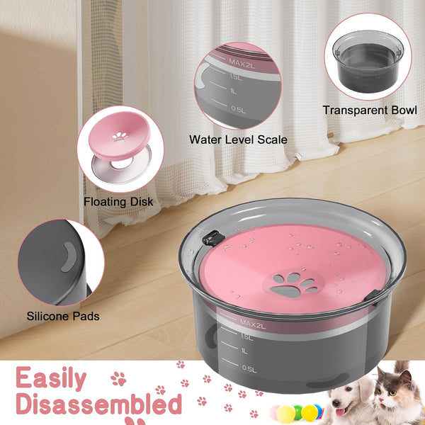 2L Dog Water Bowl Large Capacity Slow Water Feeder, No Spill Dog Bowl Splash Proof Pet Water Dispenser,Vehicle Carried Travel Water Floating Bowl for Dogs/Cats/Pets (Pink)3