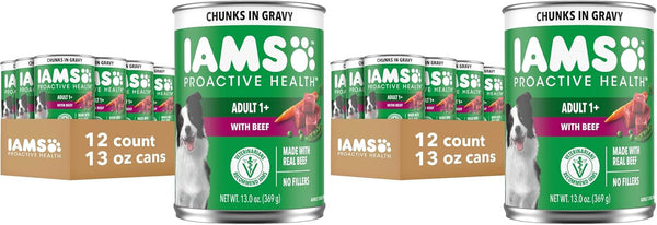 IAMS Proactive Health Pack Wet Dog Food, Beef & Chicken, 13 Oz, 12 Pack | Chunks in Gravy, Omega 6 Fatty Acids, Supports Healthy Skin, Muscles & Digestion, 13 Oz. Cans, No Artificial Flavors14