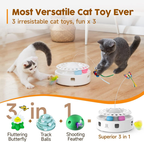 Potaroma Cat Toys 3In1 Automatic Interactive Kitten Toy, Fluttering Butterfly, Moving Feather, Track Balls, Dual Power Supplies, USB Powered, Indoor Exercise Kicker (Bright White) | Fluttering Butterfly, Moving Feather, Balls, Dual Power Supplies, USB Powered, Indoor Kitty Exercise Kicker (Bright White)2