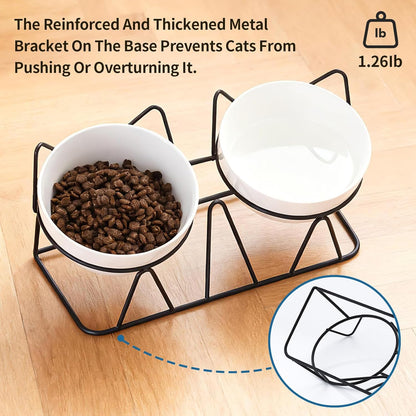 Elevated Cat Food Bowl,Ceramic Raised Water Bowl for Indoor Cats, 15°Tilted Metal Stand anti Vomiting and Protect Spines,Whisker Fatigue Feeding Dishes,Non-Slip and Dishwasher Safe6