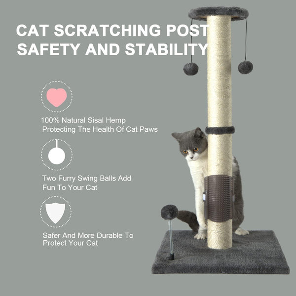 PEEKAB 32" Tall Cat Scratching Post Sisal Scratch Posts,With Hanging Ball and Self-Massage Brush Vertical Scratcher for Indoor Cats and Kittens Gray 32Inches6