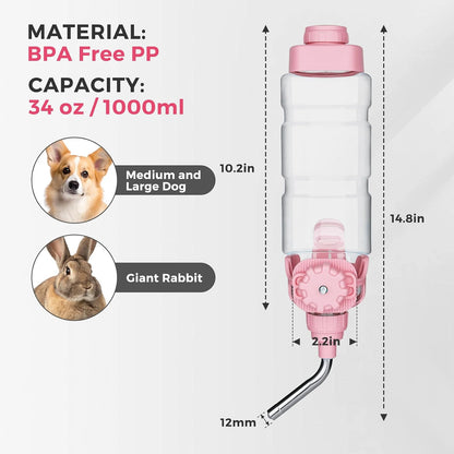 Vannon Dog Crate Water Bottle, 34Oz Top-Fill Pet Water Dispenser, Pink | Kennel Water Bottle Helps Keep Pets Hydrated Longer with Fewer Refills and Easy Daily Care.6
