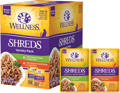 Wellness Healthy Indulgence Morsels Variety Pack Adult Wet Cat Food, Natural, Protein Rich, Grain Free, 2 Flavors, 3 Oz, Pack of 8 Pouches10