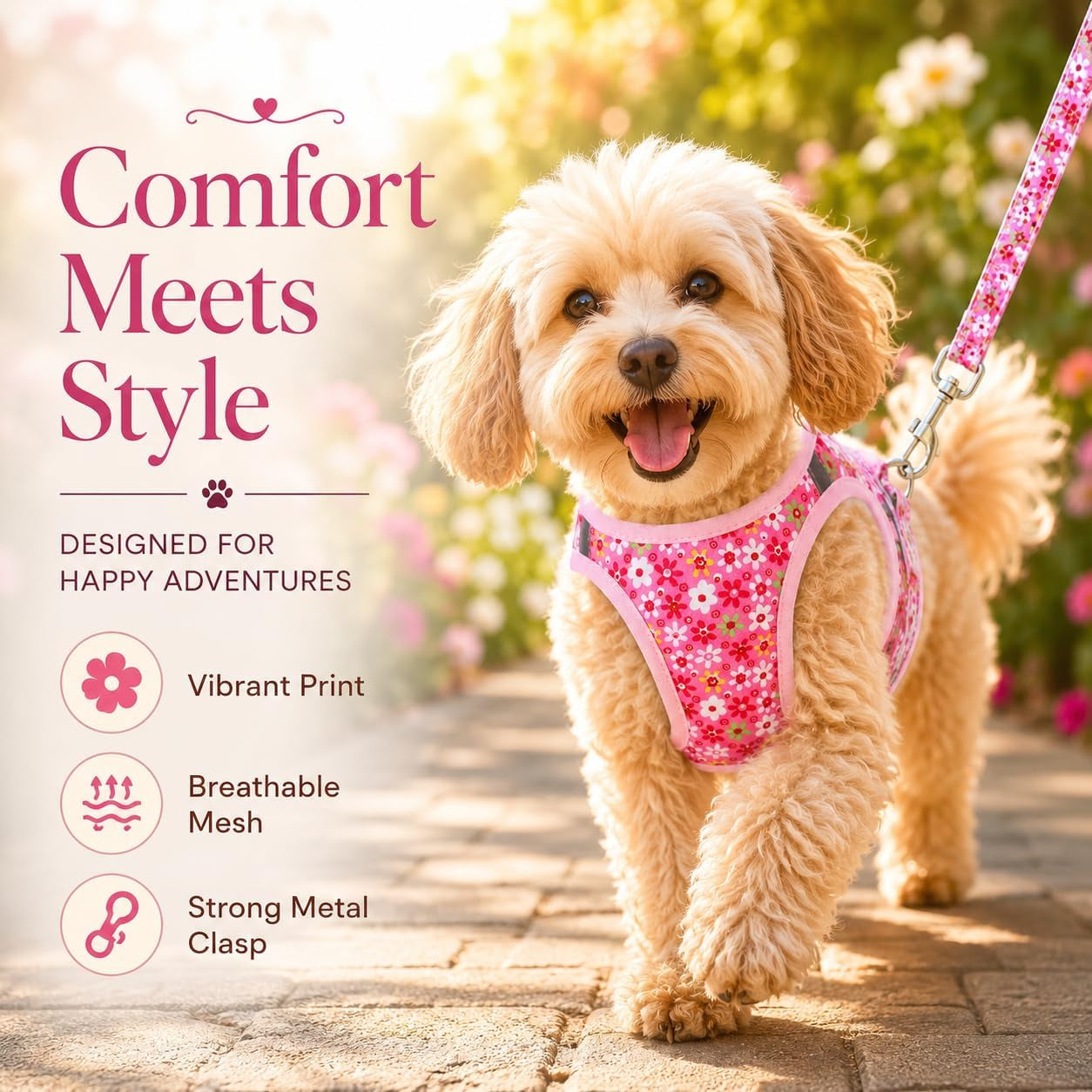 step-in-dog-harness-leash-set-all-weather-reflective-no-pull-floral-pattern-padded-mesh-vest-harness-for-cats-puppy-extra-small-small-medium-large-dogs-pink-flower-s