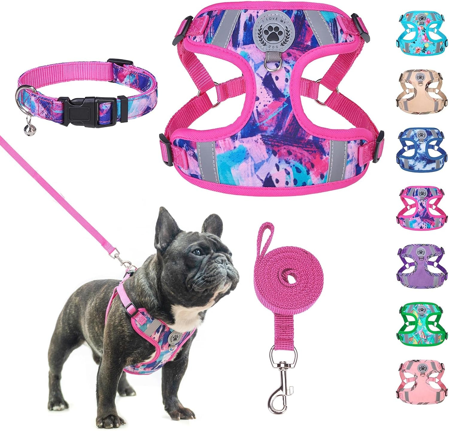 beautyzoo-dog-harness-collar-and-leash-set-no-pull-step-in-dog-harness-for-large-dogs-reflective-no-choke-puppy-vest-harness-adjustable-soft-padded-pet-vest-for-french-bulldog-dark-pink-l
