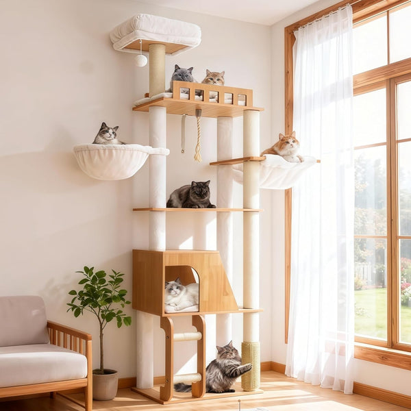 Hey-Brother Wooden Cat Tree, Furniture Tower with Large Platforms, MPJ121BT | 69.7 Inch, Modern Full Sisal Scratching Posts, Hammocks, Spacious Condo, Ladder, Brush, Water Proof Surface, White Oak12