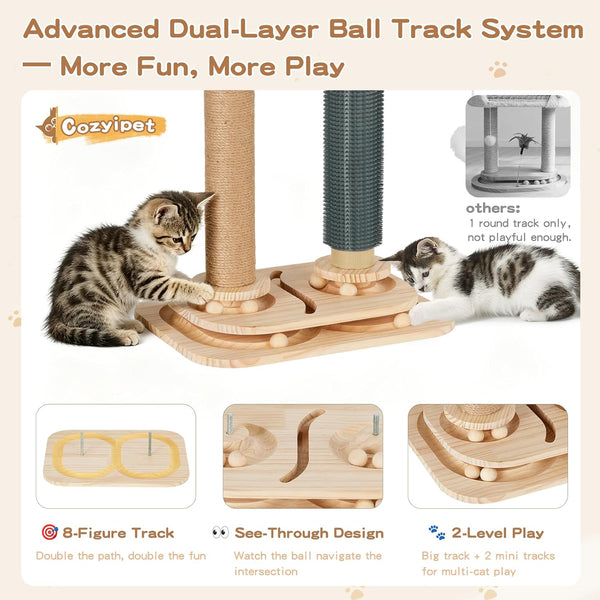 Cat Scratching Post with Bed, 4-In-1 Small Cat Tree Tower | Sisal Scratcher, Elevated Washable Bed, Track Ball Toy, Built-In Self-Groomer5