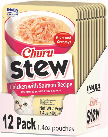 INABA Churu Stew for Cats, Side Dish Pouch with Vitamin E, 1.4 Ounces per Pouch, 12 Pouches, Chicken & Seafood Variety12