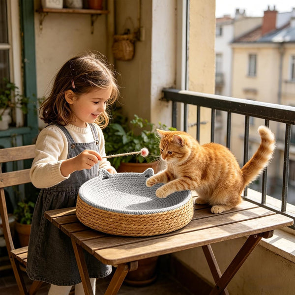 Circle Cat Scratcher Breathable Woven Resting Nest | Kitten Ear Design Cotton Rope round Cat Bed for Play Exercise Enrichment Activity Nail Trimming Paws Care Furniture Safety2