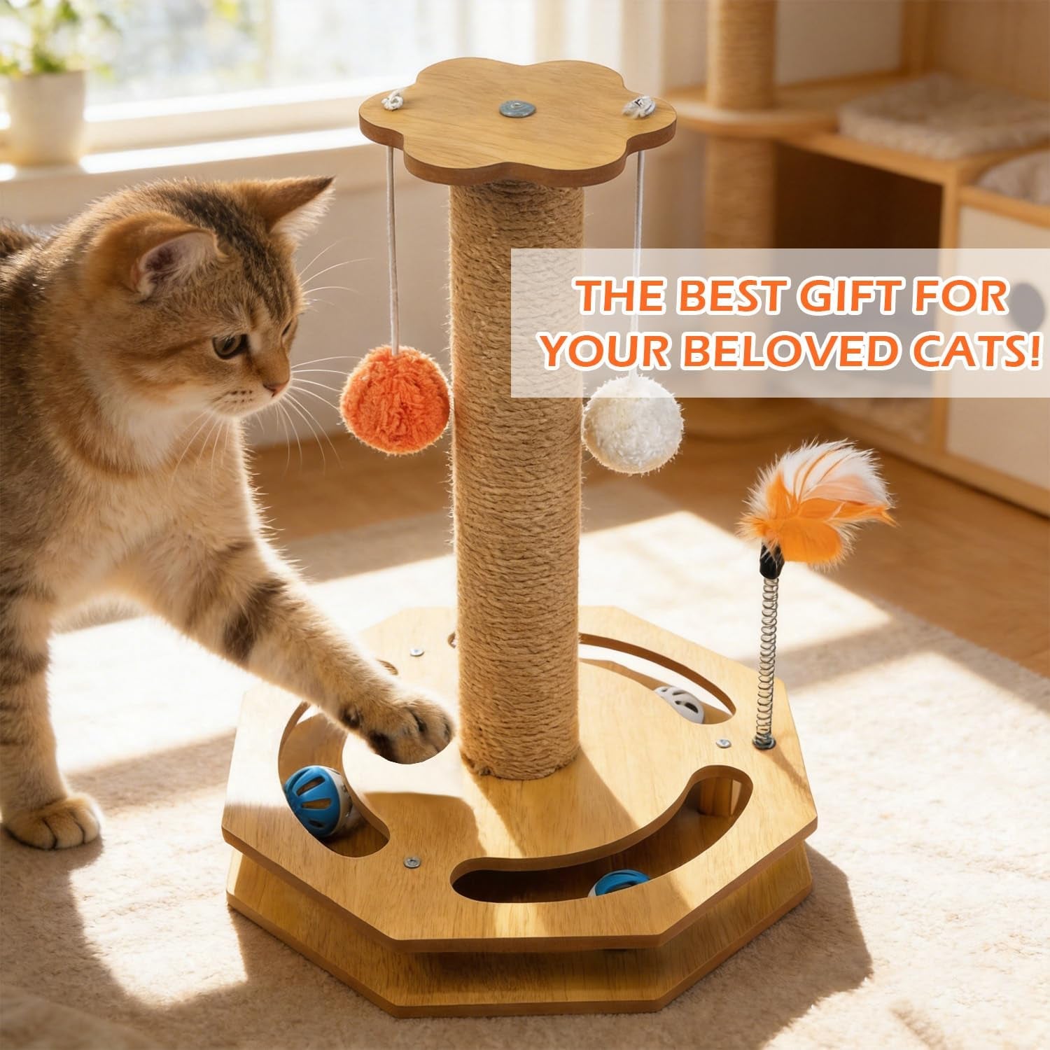 cat-scratching-post-with-vertical-scratcher-and-tracking-interactive-toy-for-kittens-4-in-1-cat-scratcher-toy-with-cat-ball-tracks-16-6-tall-with-interactive-feather