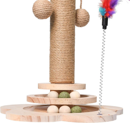 Cat Scratching Post, 50Cm Cat Scratcher Toy, Natural Woven Sisal and Wood Interactive Cat Toys with Lanyard Ball, Ball, Feather (Feather Color Is Random)4
