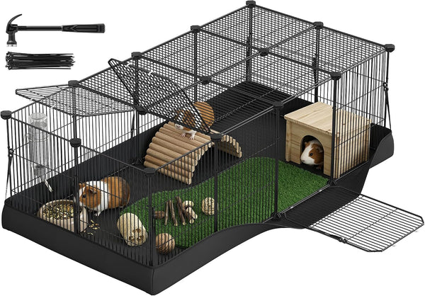 SONGMICS 20 Panels Pet Playpen with Floor, Small Animal Playpen, Pet Fence Indoor, DIY Plastic Enclosure for Guinea Pigs, Bunny, Hamsters, Hedgehogs, 49.2 X 24.8 X 16.5 Inches, White ULPC001W0115
