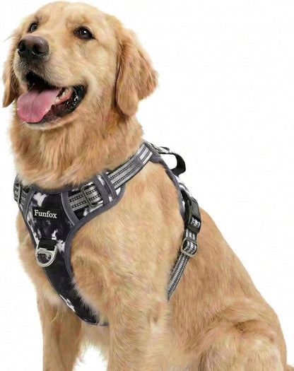 Funfox Dog Harness Medium Sized Dog, Vertical Handle Easy Control, No Pull Pet Vest Adjustable with 2 Leash Clips, Soft Material, Reflective Safe Night Walking for Small Medium Large Breed, Black, M51