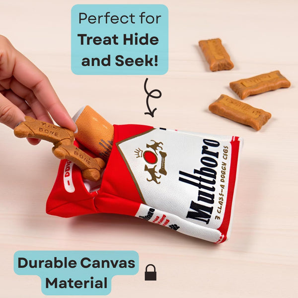 Nestpark Muttboro Doggy Cigs Funny Dog Toys - Parody Plush Squeaky Crinkle Interactive Dog Toy - Hide and Seek Treat Hiding Burrow Puzzle Toy for Stimulating Enrichment Activity5
