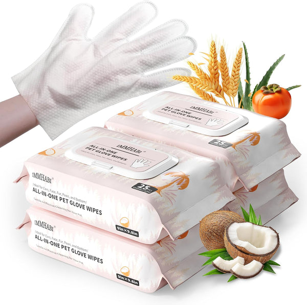 IMMHABI 50 Count Cleaning Deodorizing Pet Glove Wipes for Dogs & Cats, Hypoallergenic Dog Bath Wipes with Natural Deodorizer Persimmon Tannin, Pet Bathing Wipes for Horse Coat Care Coconut Scent8