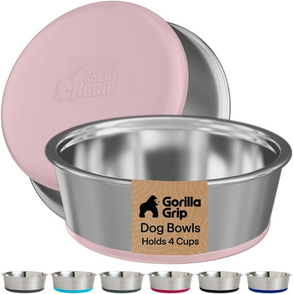 GORILLA GRIP Dog Bowls, Food Grade 304 Stainless Steel, Holds 2 US Cups Each (16 Fl Oz) Food and Water Bowl for Feeding Dogs and Cats, Dishwasher Safe, Rust Resistant BPA Free Rubber Base, 2 Set Black23