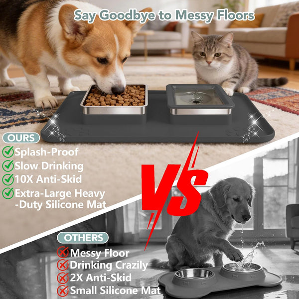 Dog Bowl Set, No Spill Dog Water and Food Bowl with Silicone Mat | Large Capacity 304 Stainless Steel Bowls, 2-In-1 Set, Slows Drinking, Anti-Slip Silicone Feeding Mat, Home/Travel, 6-7 Cups3